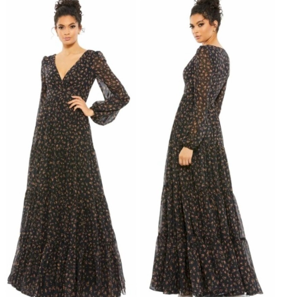 Mac Duggal Floral Tiered Gown Size 0 Long Sleeve NWT